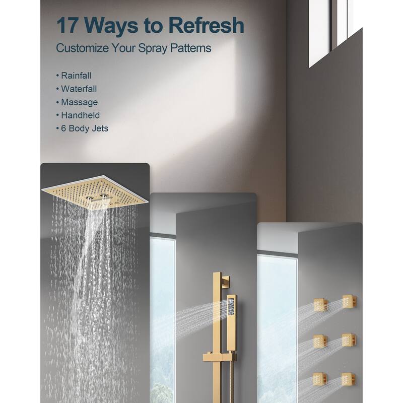 GRANDJOY Shower Faucet System 16 inch Ceiling Mount Shower Head 3 Spray Modes Handheld Spray with Slide Bar LED Music