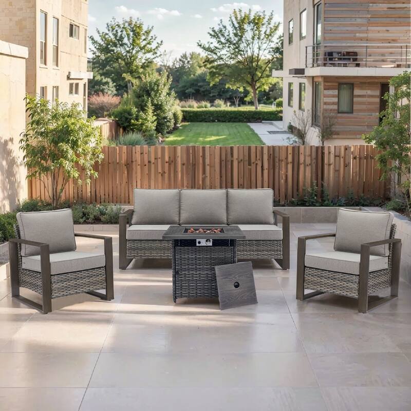 Pocassy Outdoor Fire Pit with 3-Seat Sofa Club Chairs Patio Furniture Set - Grey Wicker Gray Cushion - 4-Piece Sofa Patio Chair with Fire Table
