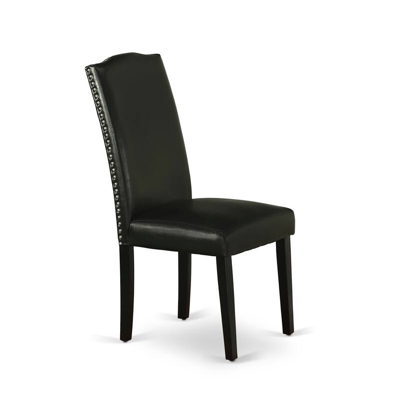 East West Furniture Encinal Parson Dining Room Chairs - Nailhead Trim Black Faux Leather Padded Chairs, Set of 2, Black