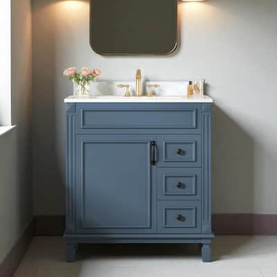 30" Bathroom Vanity with Ceramic Sink Combo, Modern Small Bathroom Storage Cabinet with Drawers & Adjustable Shelf