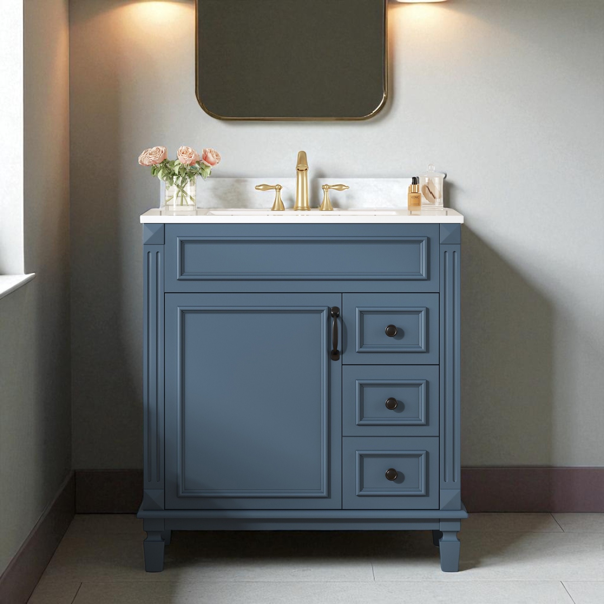 30" Bathroom Vanity with Ceramic Sink Combo, Modern Small Bathroom Storage Cabinet with Drawers & Adjustable Shelf