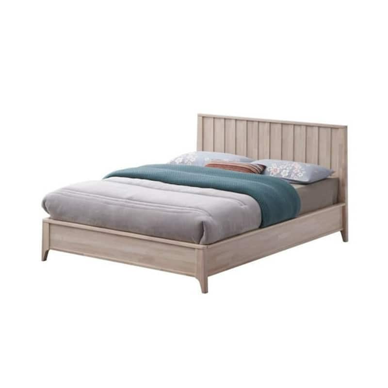 Vasu Twin Size Bed, Reeded Headboard, Whitewash Solid Rubberwood