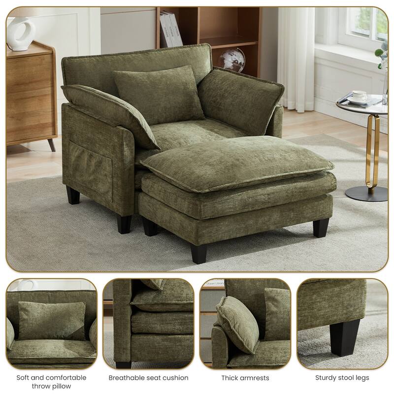 Oversized Single Sofa Chair with Ottoman, Double-Layer Seat Cushion, Chenille Fabric Lounge Chair, Living Room Reading Chair