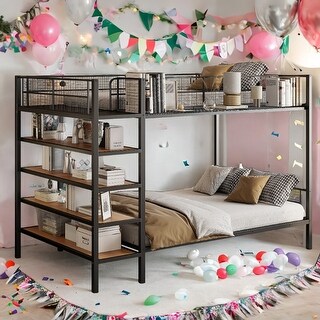 Black Multifunctional Twin Over Full Kids Bunk Bed with 5-TierShelf