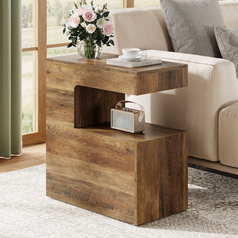 C-Shaped End Table, Couch Side Table with 2-Tier Storage Shelf - Brown - Wood