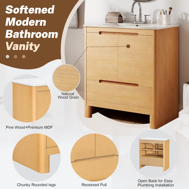 30" Modern Solid Wood Frame Bathroom Vanity Set with Ceramic Sink, Natural Wood Grain Cabinet & Soft-Close Doors