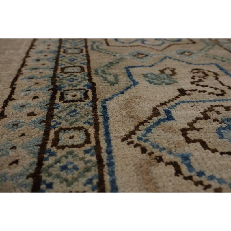 Vegetable Dye Oushak Turkish Rug Handmade Beige Floral Wool Carpet - 7'10"x 9'6"