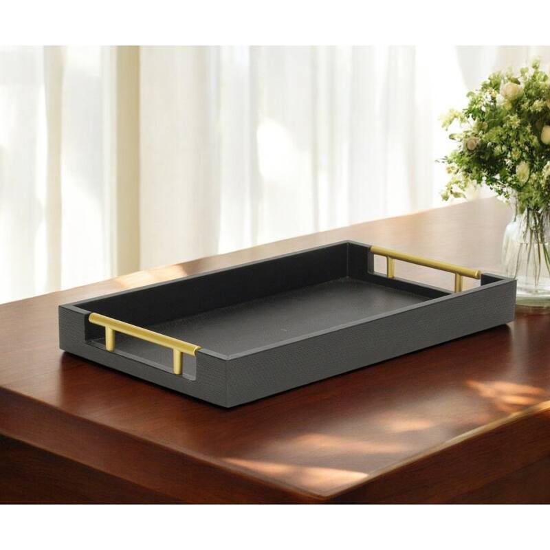 HomeRoots 16" Black Wood Faux Shagreen Serving Tray With Handles - 15.75 in. x 1.75 in. x 9.50 in. - Black - 15.75 in. x 1.75 in. x 9.50 in.