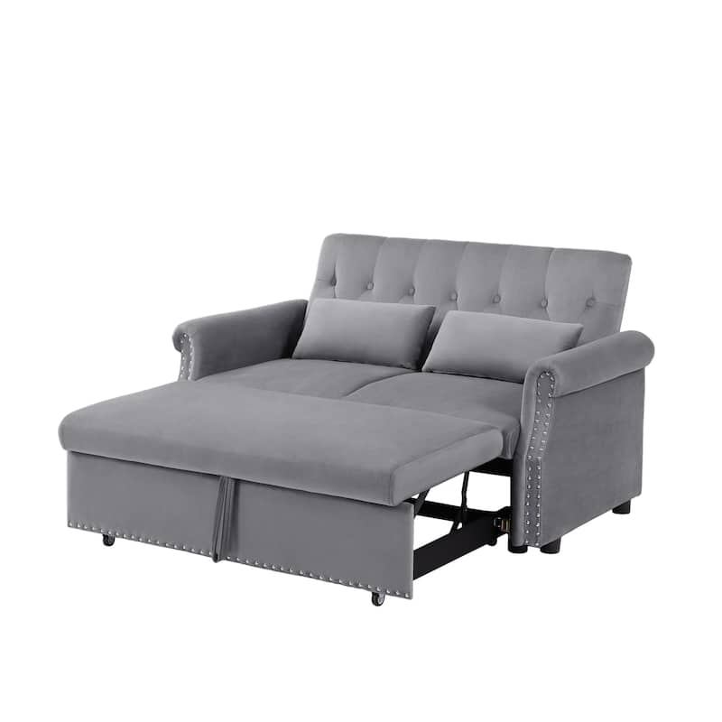 Velvet Pull Out Loveseat Sofa Convertible Sleeper Loveseat Bed with 2 Pillows Rivet Arm Lounge Couch Tufted Sofa