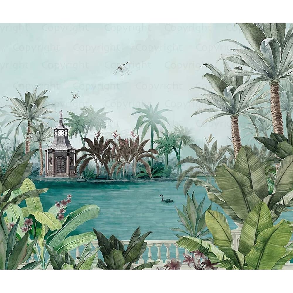 Tranquil Lakeside Pavilion Mural Tropical Palms Black Swan
