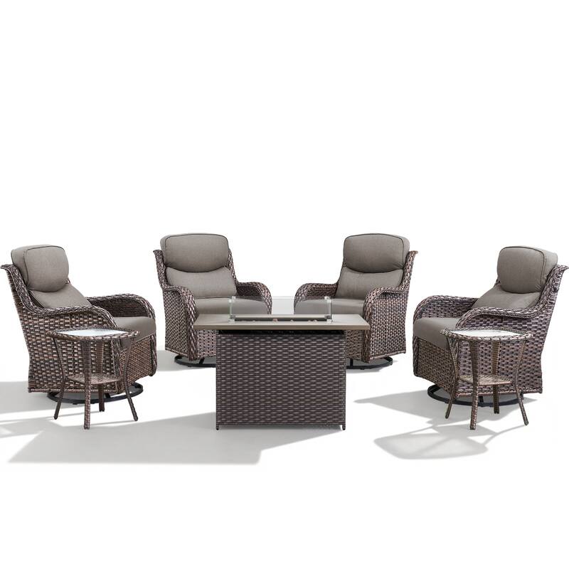 Meyreso 7-Piece Outdoor Patio Wicker Fire Pit 4 person Conversation Set with 5-Inch Thick Cushions