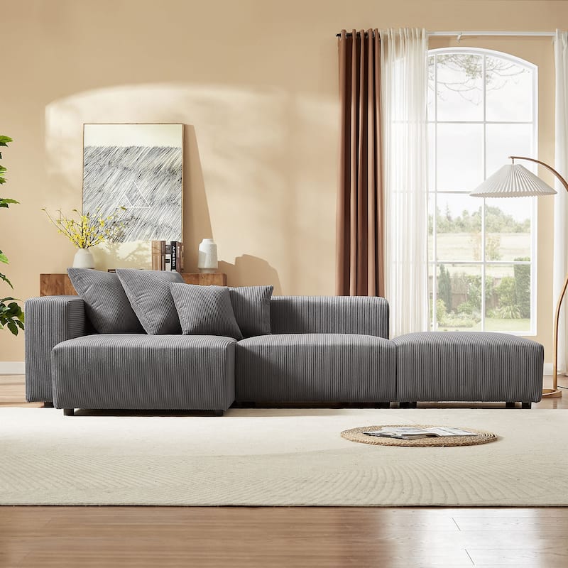 Soft Corduroy Sectional Modular Sofa Set, Small L-Shaped Chaise Couch for Living Room, Apartment, Office, Beige - N/A