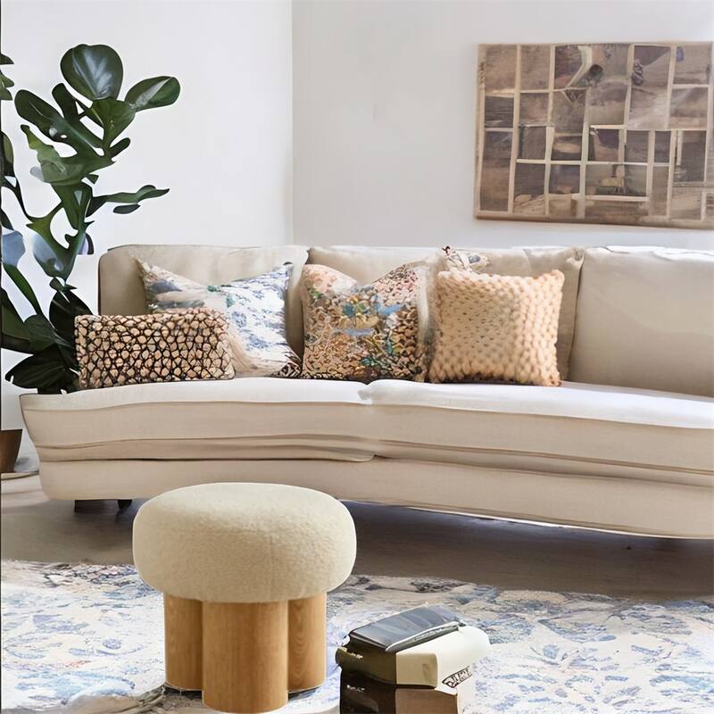 Mushroom Stool with Lamb Wool Seat,Barrel PVC Pipe with Walnut Veneer