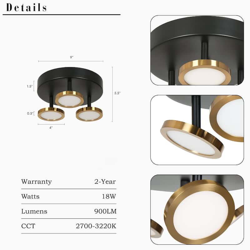 Modern Black Brass 3-Light Integrated LED Semi Flush Mount Ceiling Light with Adjustable Disc Heads - D 9" x H 5.5"