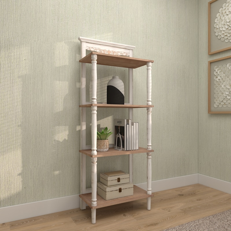 Wood Floral Intricately Carved 4 Shelves Shelving Unit - White - Roche River Decor