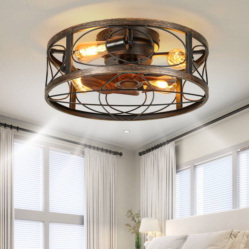 Moasis Farmhouse Flush Mount 20 Inch Caged Ceiling Fan with Lights and Remote - 20 inch - 20 inch