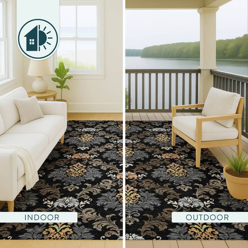 Machine Washable Indoor/ Outdoor Damask Patna Chantille Rug