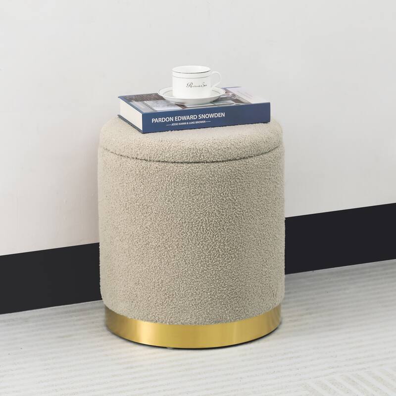 Adeco Velvet Round Storage Stool Gold Plating Base Storage Ottoman