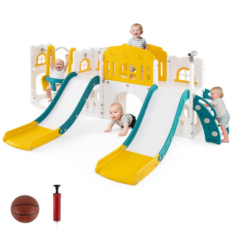 10 in 1 Toddler Slide and Swing Set with Double Slides Climber Basketball Hoop and Tunnel Indoor Outdoor Playset for Kids