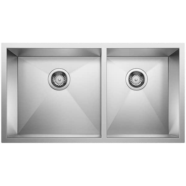 slide 2 of 3, Blanco Precision Double Basin Stainless Steel Kitchen Sink with Zero Satin