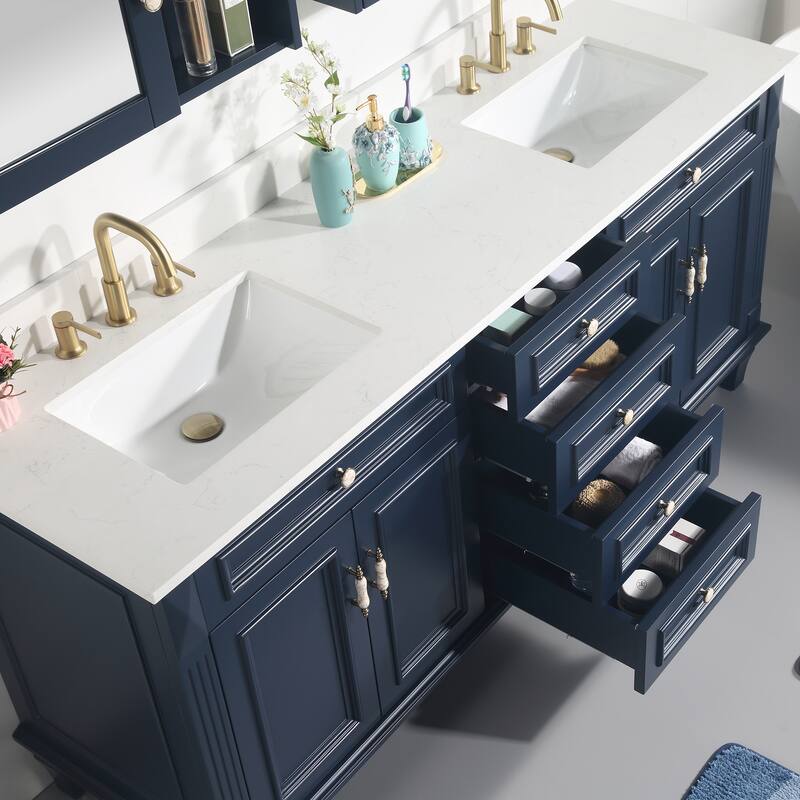 35'' H Solid Wood Bath Vanity with Stain-resistant Carrera White Quartz Top and Double Sink