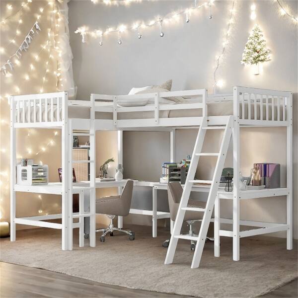 slide 2 of 12, Wood Twin Size L-Shaped Loft Bed with Ladder and 2 Built-in L-Shaped Desks White