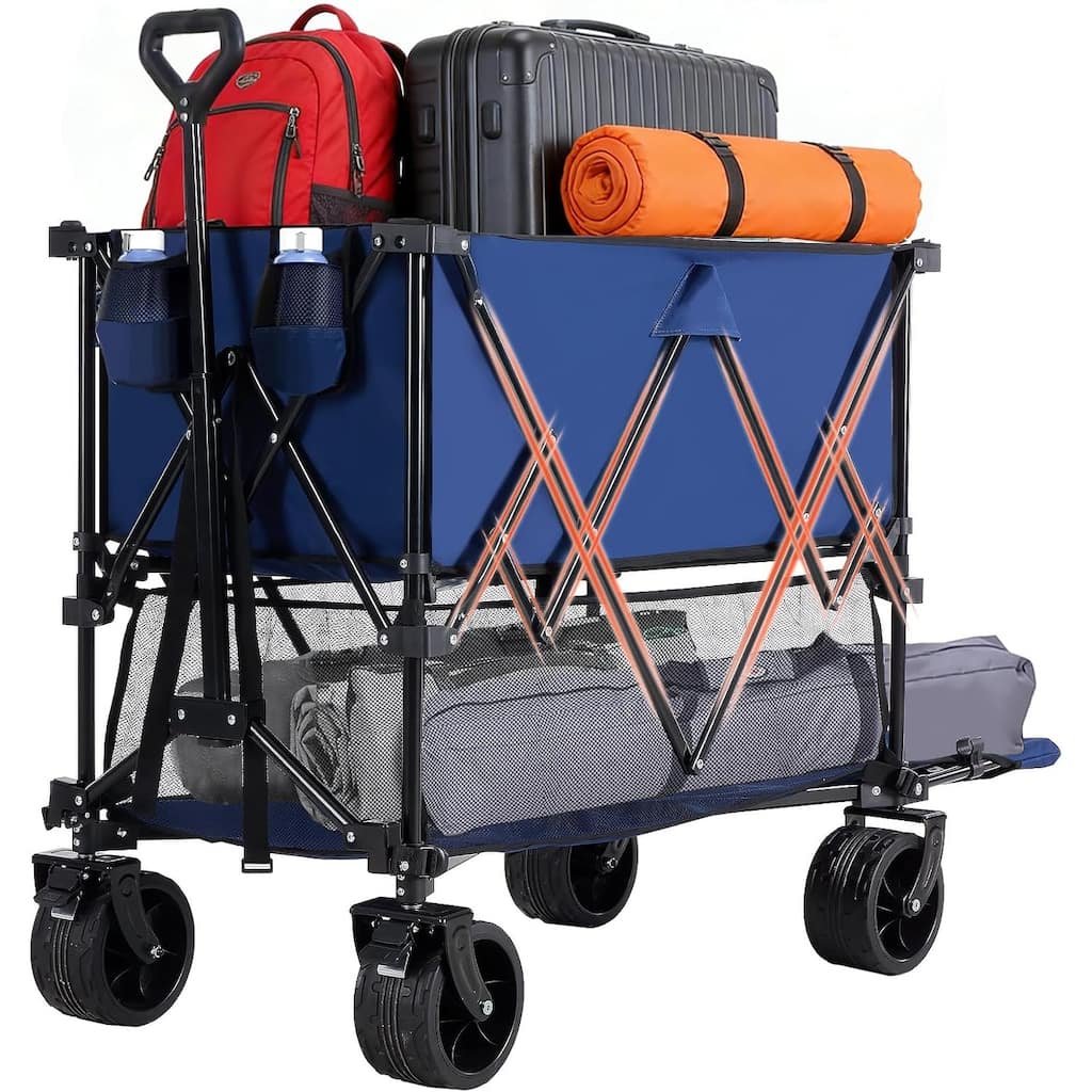 Wagon Cart Collapsible Double Decker 440 lbs Heavy Duty Wagon with All-Terrain Wheels & Adjustable Handle for Garden, Shopping