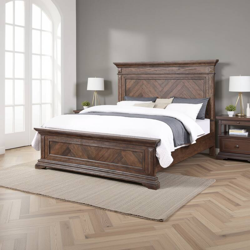 Marv Queen Size Bed, Parquet Pattern, Traditional Style, Brushed Brown Wood