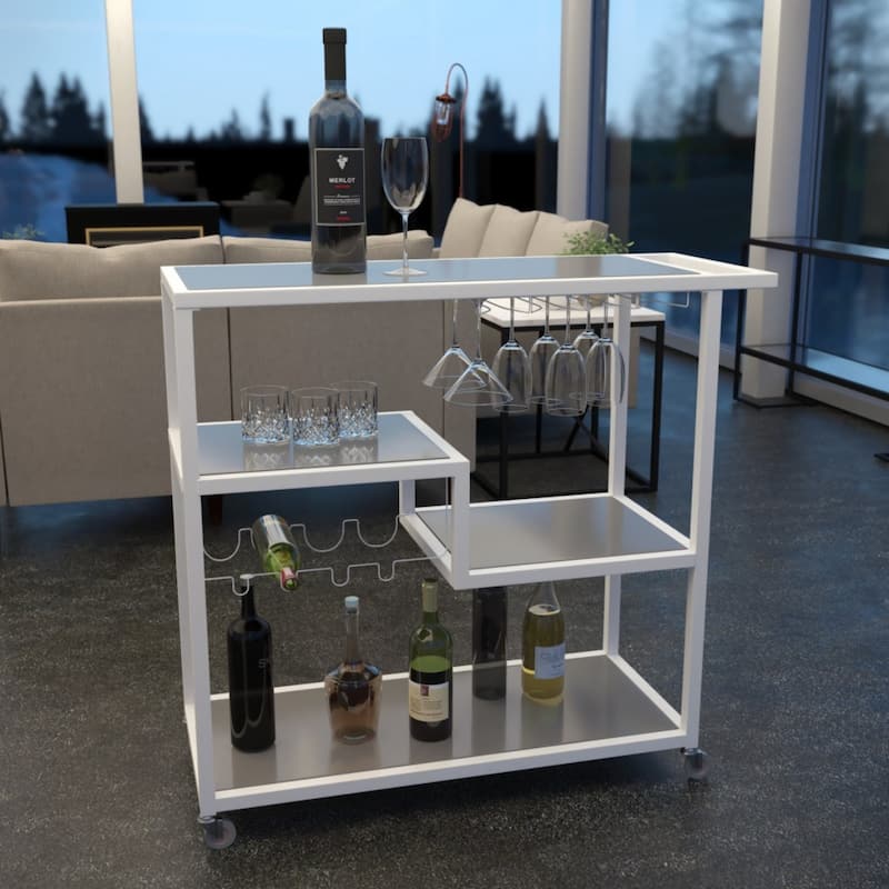 Rectangular Modern Grey-White Bar Cart with Wine Bottle Storage and 8 Glass Holders - 37.25"H x 40"W x 16"D