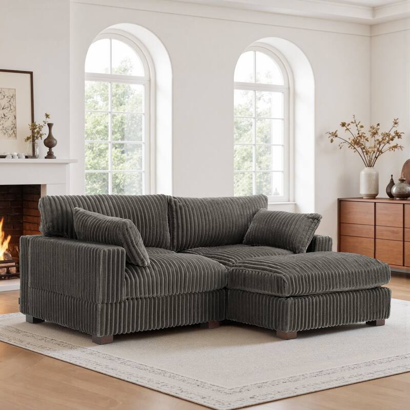 Plush Corduroy Upholstered Modular Sectional Sofa with Chaise - Right Facing - Light Grey-2 Pieces