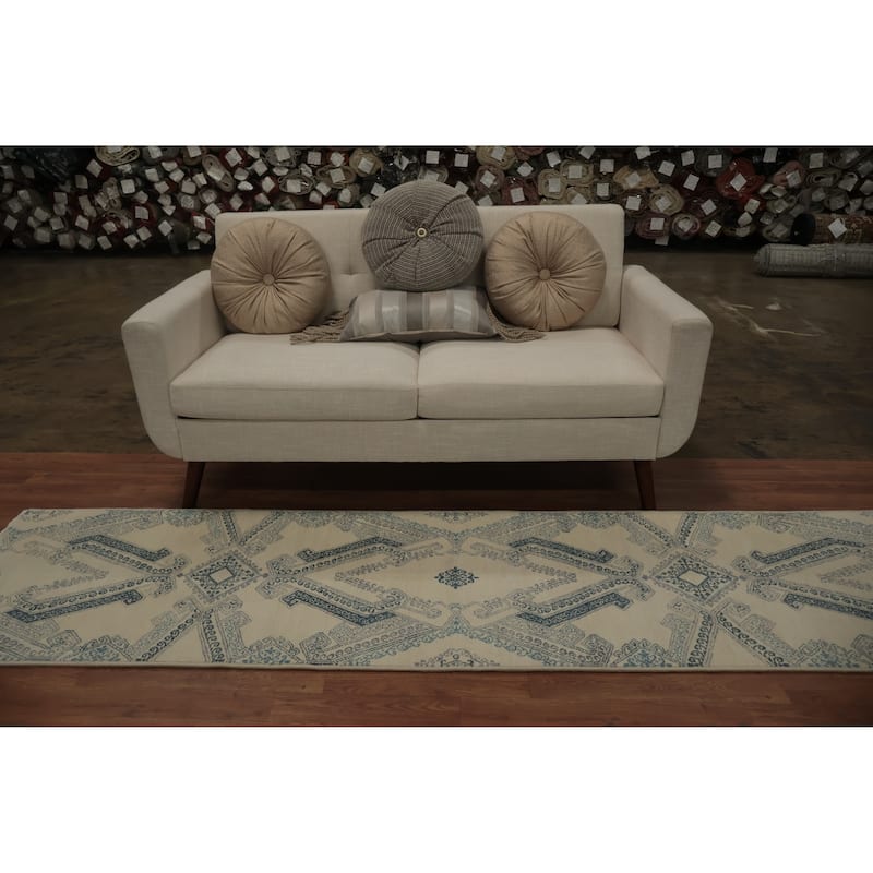 Hand Knotted Oriental 100% Wool Carpet Modern Geometric Beige & Ivories Contemporary Runner Rug - 9' 0'' X 2' 3''