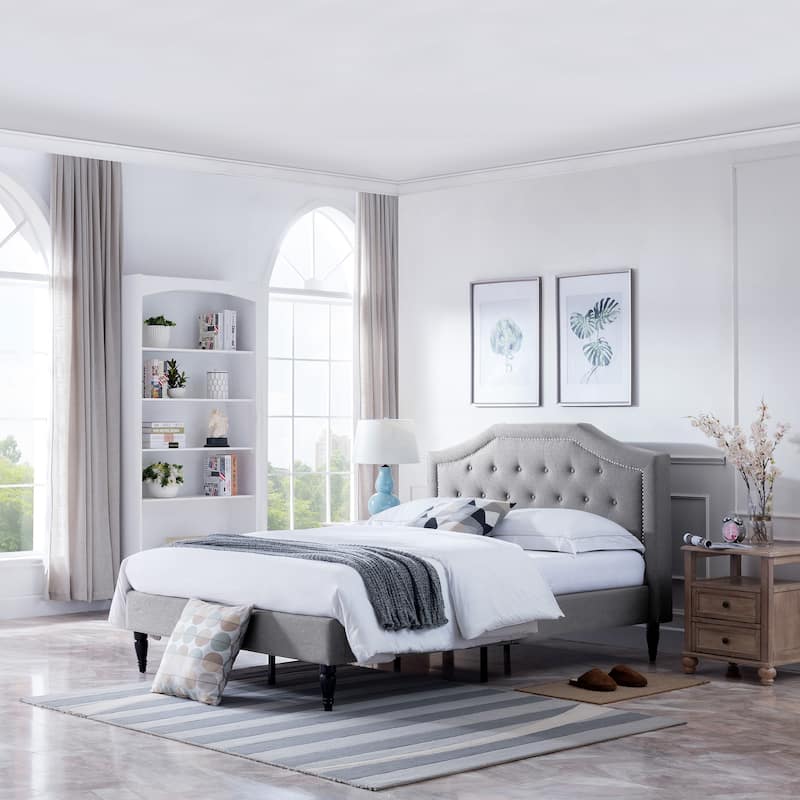 Queen Size Platform Bed with Metal Base Legs and Wood Slat Support, Upholstered Wingback Bed Frame with Tufted Button Headboard