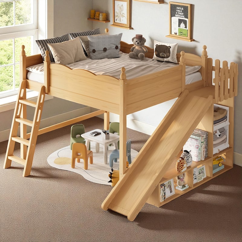 Full/Queen Loft Bed with Storage Shelves, Cabinet & Detachable Slide, Solid Wood Loft Bed with Ladders, No Box Spring - Natural - Queen