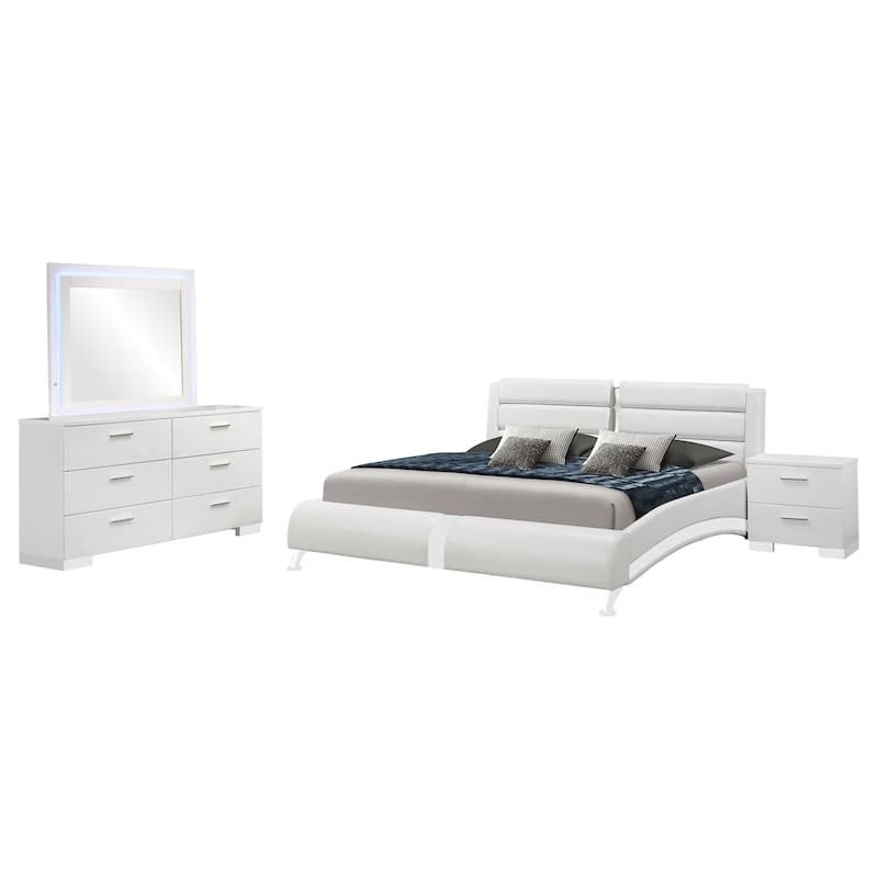 Zor 4pc King Size Bedroom Set, White Faux Leather and LED Mirror