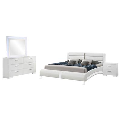 Zor 4pc Queen Size Bedroom Set, White Faux Leather and LED Mirror