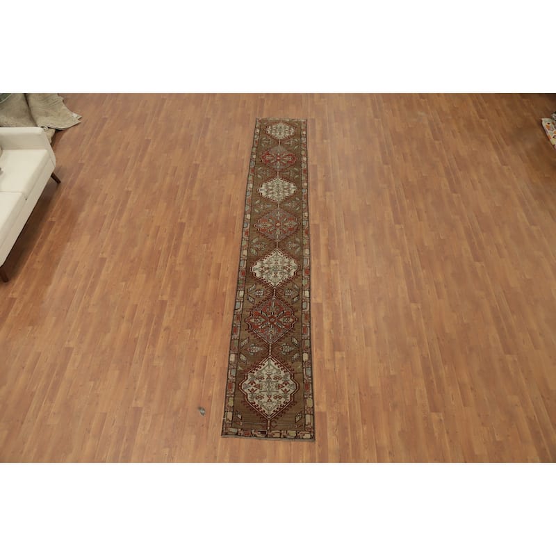 Hand Knotted Oriental 100% Wool Carpet Traditional Tribal Brown Sarab Runner Rug - 13' 9'' X 2' 2''