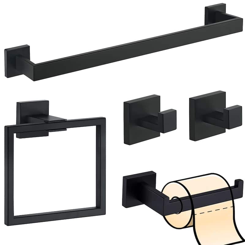 5-Piece Bathroom Hardware Set Wall Mounted Towel Bar Set - Matte Black