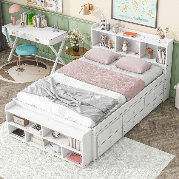 White Platform Bed Frame Full Size Storage Bed with Bookcase Headboard 6 Storage Drawers Storage Shelf No Box Spring Needed On Sale Bed Bath Beyond 40607573
