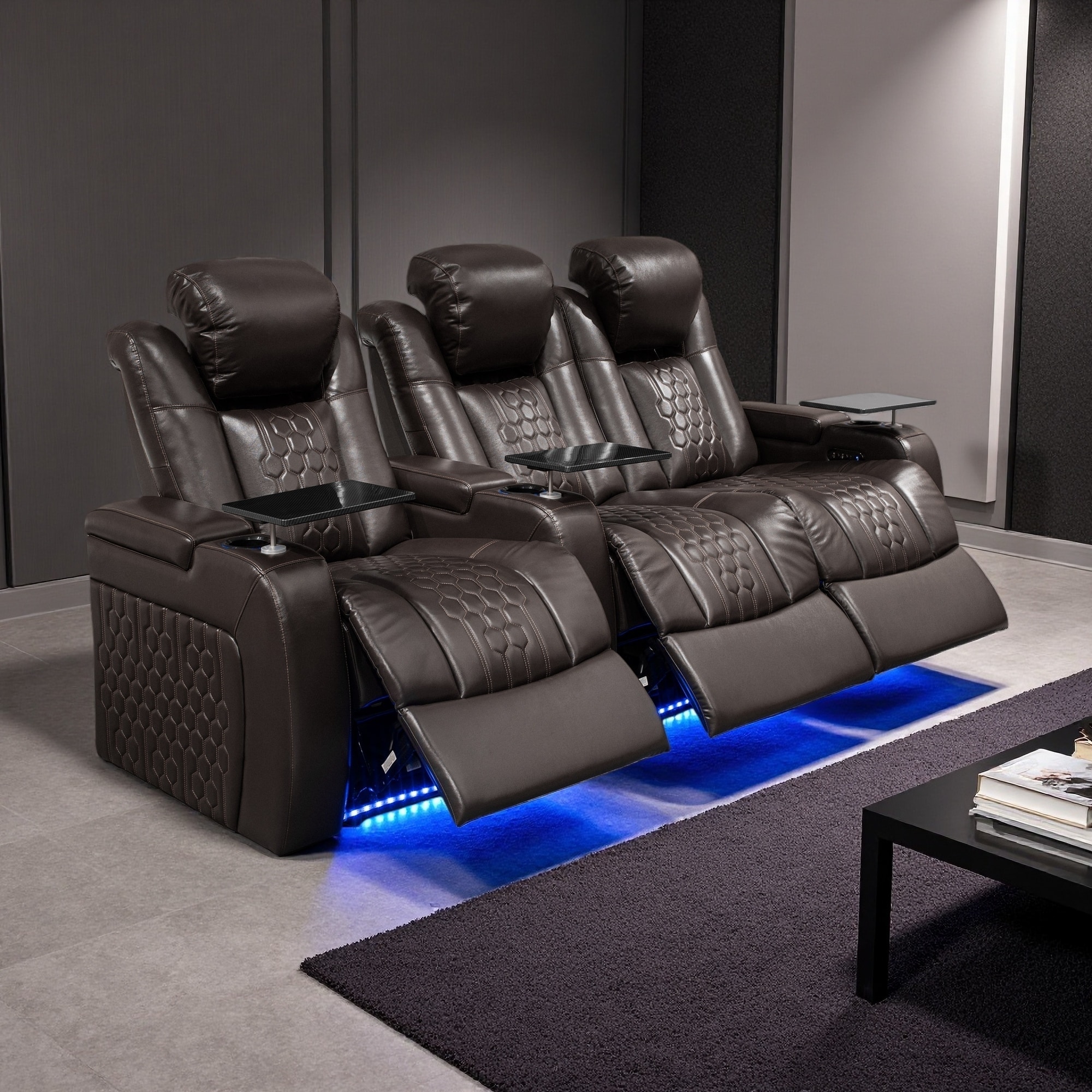 93.3" Top-Grain Nappa Leather Power Recliner Sectional Sofa with Smart Charging and RGB LED Lighting (3-Piece)