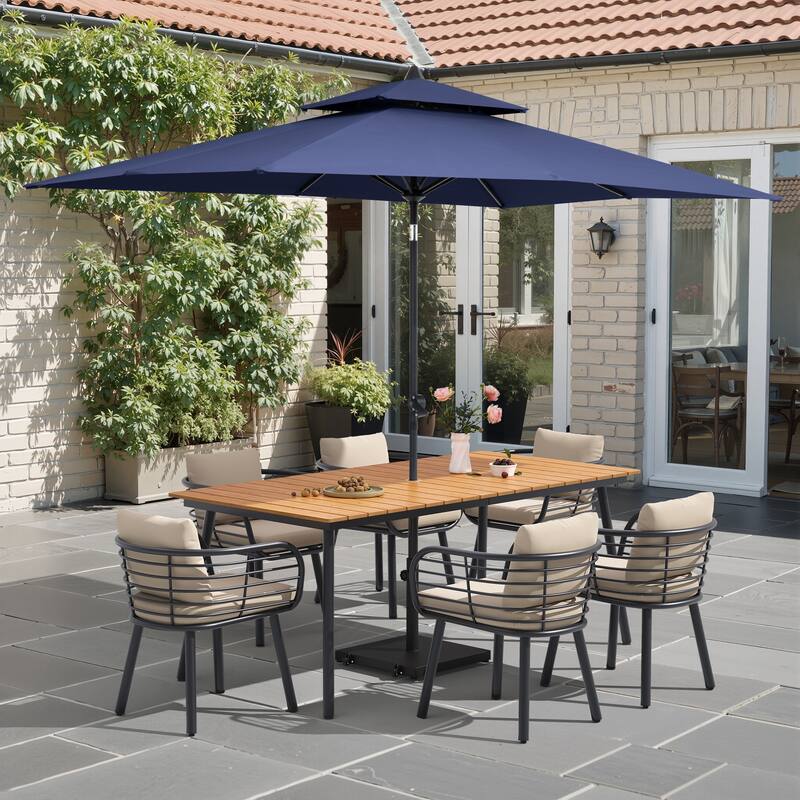 9-Piece Outdoor Patio Dining Set w/10 ft Umbrella and Base Aluminum Dining Table and Chairs with Sunbrella Cushion