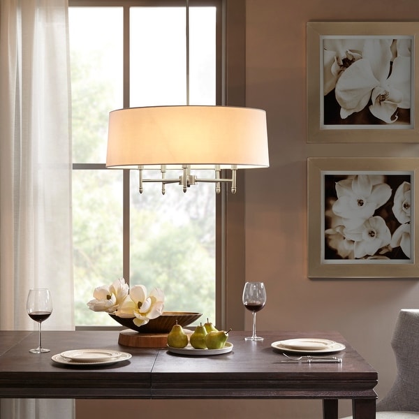 Hampton Hill Presidio 5 Light Dimmable Chandelier with Drum shaped Fabric Shade Adjustable Height