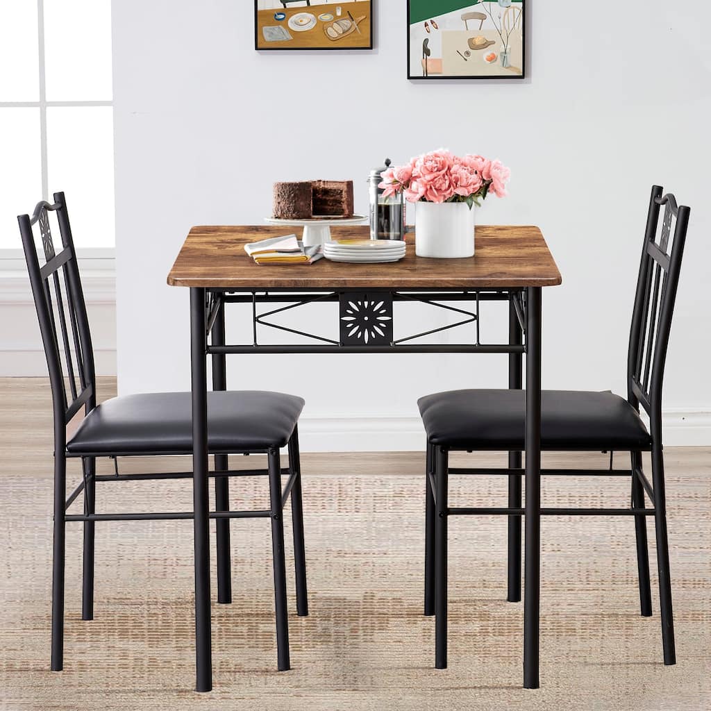 Javlergo 3-Piece Space-Saving Dining Set Square Dining Table Set with 2 Chairs Brown Tabletop & Black Frame for Small Apartments