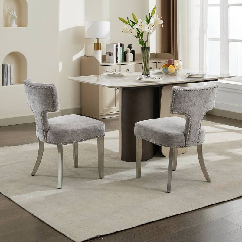 GDF Studio - Mid-Century Chenille Upholstered Dining Chairs with Curved Back & Golden Stainless Steel Legs, Set of 2