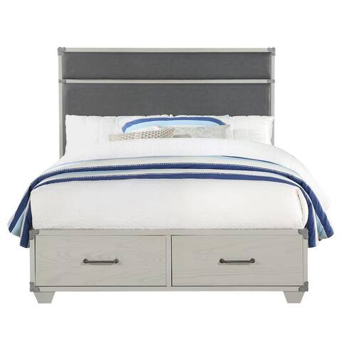 Wooden Twin Bed with PU Upholstered Headboard and Drawer Footboard in Two-tone Grey