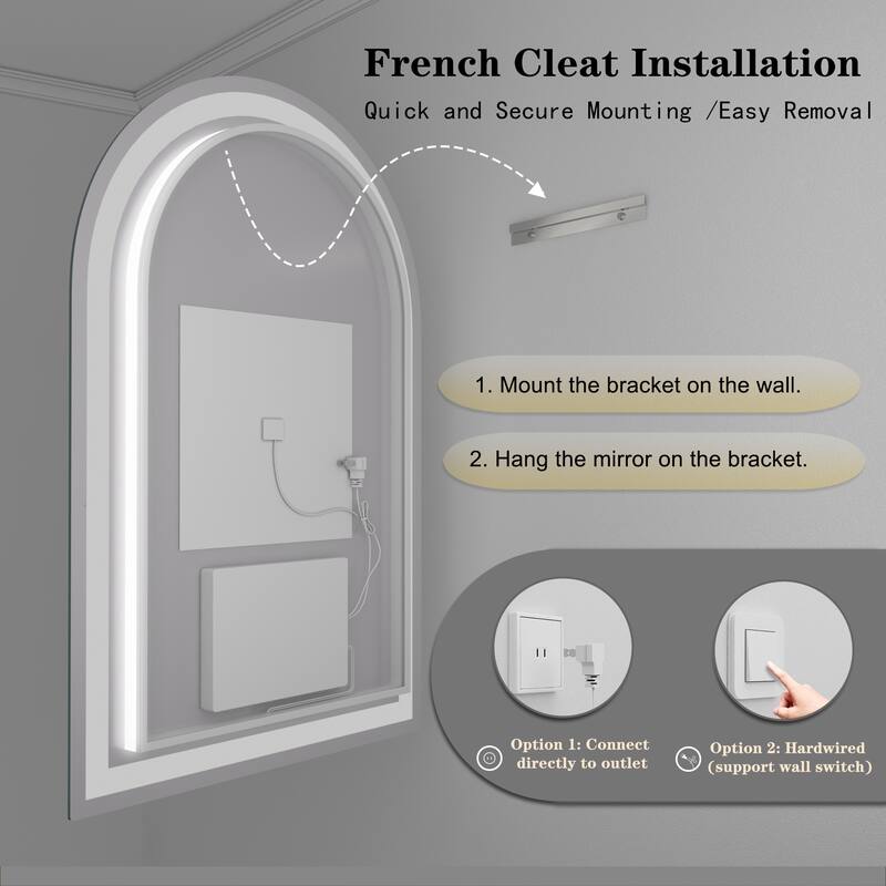 Full Size Arch Front & Back LED Lighted Anti-fog Tempered Glass Wall Bathroom Vanity Mirror, ETL Certified, 3-Year Warranty