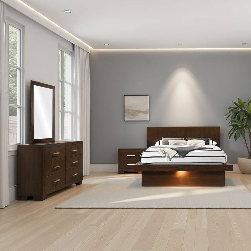 Bela 4 Piece Queen Bedroom Set, LED Underlight, Dark Brown Wood Finish