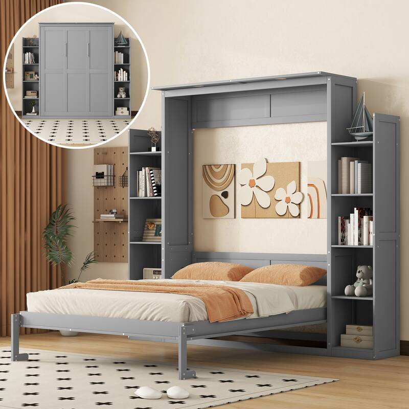 Wooden Wall Murphy Bed with Side Bookshelf & LED Lights - Gray - Queen