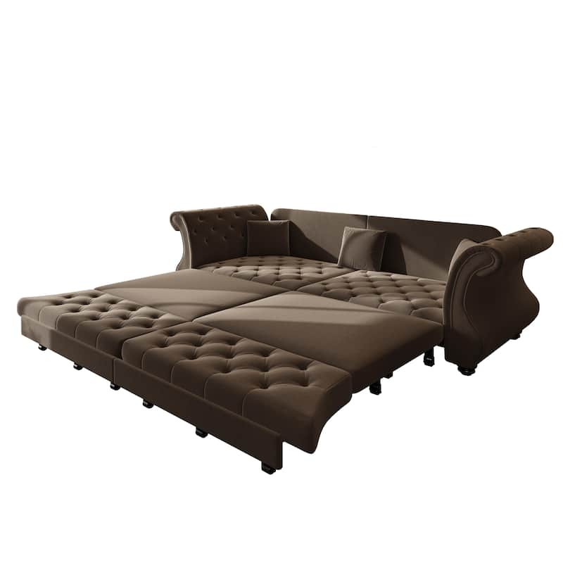 97.6" Oversized Chesterfield Pull-Out Sofa Bed, Velvet Upholstered Sleeper Couch with Roll Arms & Tufting