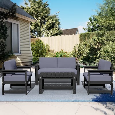 Outdoor Patio HDPE Sectional Sofa and Table Set, Removable Cushions Included, a Loveseat, 2 Single Sofas