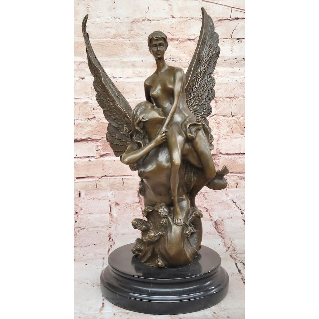 Romantic Bronze Angel Sculpture – Embrace Of Two Winged Figures On Marble Base